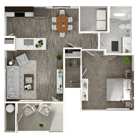 A top-down view of a modern apartment layout with a living room, kitchen, and bedrooms.